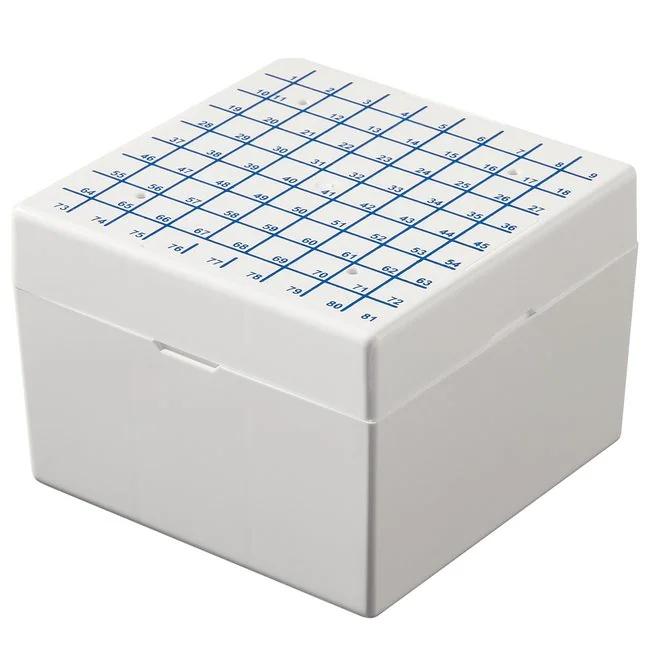 Штатив Fisherbrand™ на 81 гніздо (133х133х95 мм), полікарбонатний білий з білою пронумерованою кришкою для кріовіал об’ємом 5 мл